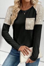 Black Raglan Sleeve Top with Sequin Patch Chest Pocket - A Touch of Sparkle