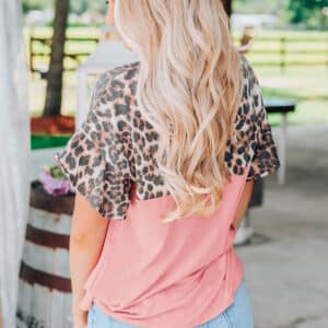 Wild Glamour-Pink Leopard Sequin Patchwork Short Sleeve Blouse