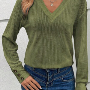 Jungle Green Textured Knit Top with V-Neck and Button Cuffs for Stylish Comfort