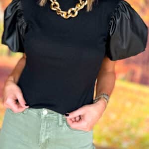 Chic Black Faux Leather Mock Neck Top with Puff Short Sleeves