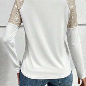 White Raglan Sleeve Top with Sequin Patch Chest Pocket - A Touch of Sparkle