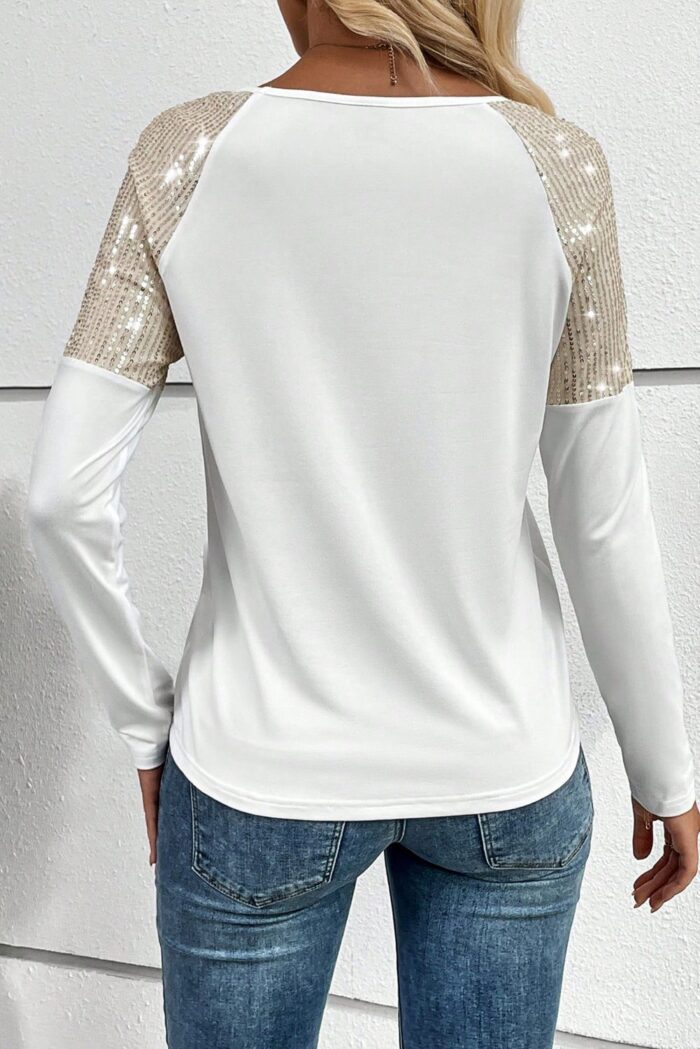 White Raglan Sleeve Top with Sequin Patch Chest Pocket - A Touch of Sparkle