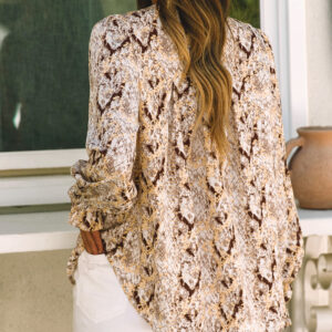 Brown Glitter Snake Grain Blouse with Pleated Details and Round Neckline