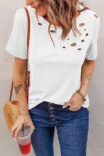 Stylish White Mixed Cotton T-Shirt with Crew Neck and Unique Hole Details