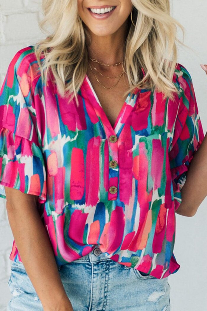 Rose Blouse with Abstract Brushwork Print and Buttoned V-Neck Detail