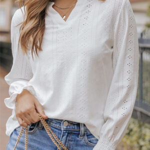 Elegant White Loose Blouse with Split Neck and Textured Design