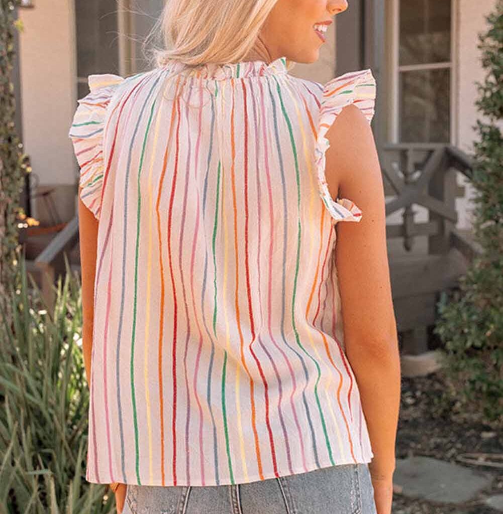 Chic Striped Tank Top with Flutter Sleeves and Frilled Neckline