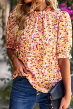 Boho Blossoms- Vibrant Orange Floral Mock Neck Blouse with Ruffle Details