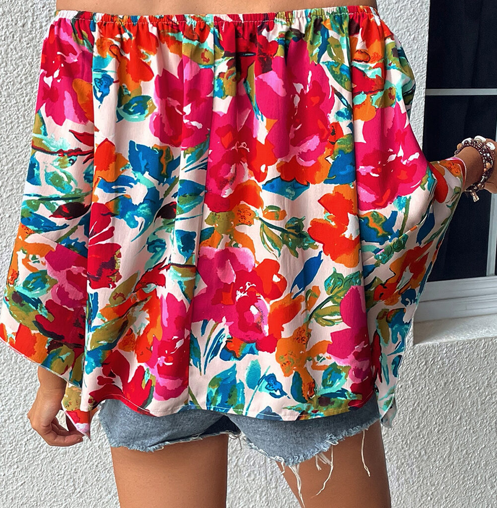 Vibrant Multicolor Floral Print Blouse with Off-Shoulder and Wide Sleeves