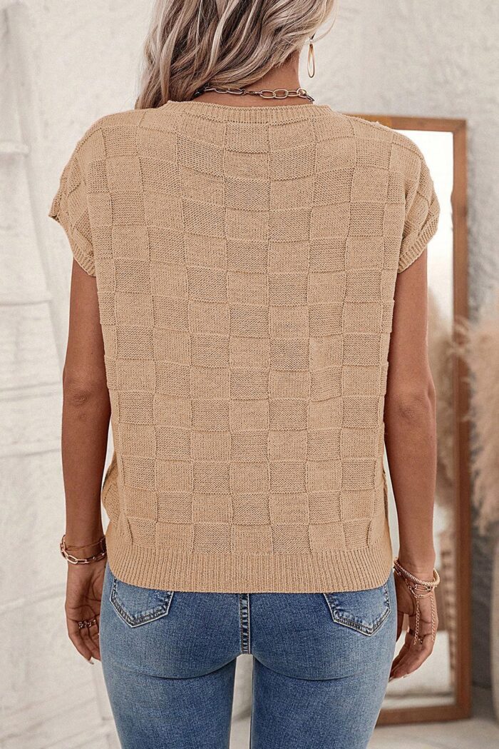 Smoke Gray Lattice Textured Short Sleeve Knit Sweater for Effortless Style