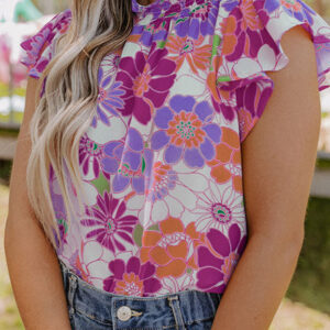 Purple Floral Top with Multicolor Stand Collar and Flutter Sleeves