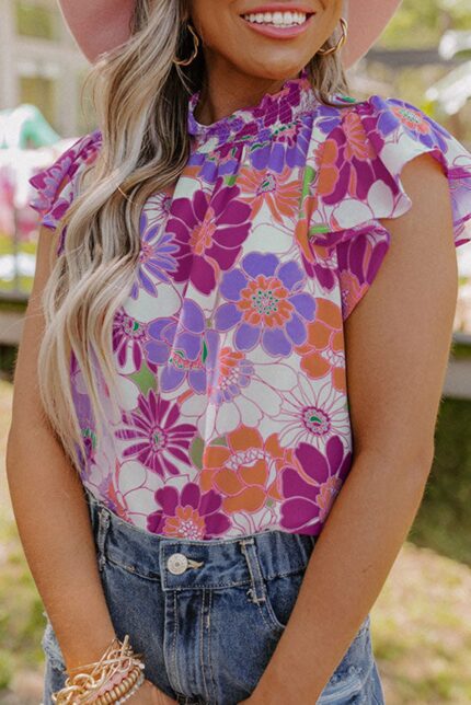 Purple Floral Top with Multicolor Stand Collar and Flutter Sleeves