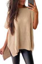 Apricot Oversized Sweater with Short Sleeves and Stylish Side Slits