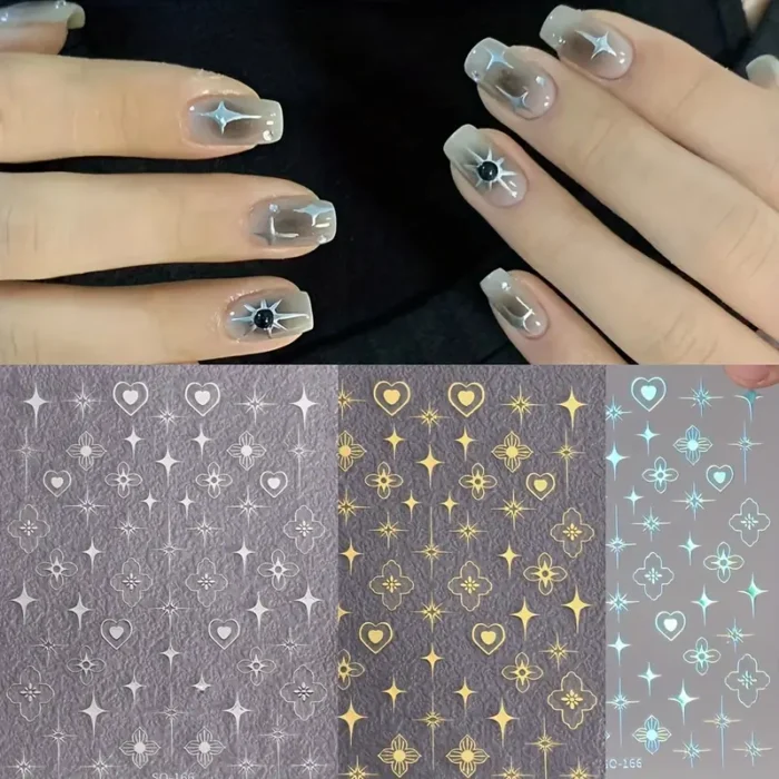 Y2K Nail Decals and Stickers: 3D Flower, Star, and Heart Designs with Filigree and Bohemian Elements - Perfect for Creative Manicures