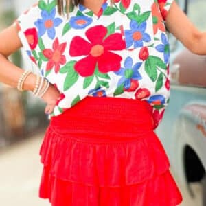 Blooming Elegance-V-Neck Blouse with Floral Chest Pocket