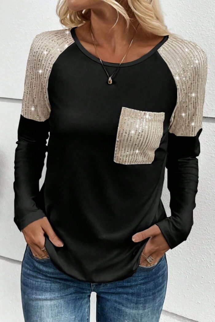 Black Raglan Sleeve Top with Sequin Patch Chest Pocket - A Touch of Sparkle
