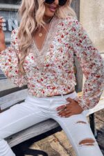 Elegant White Lace V-Neck Blouse with Delicate Floral Long Sleeves