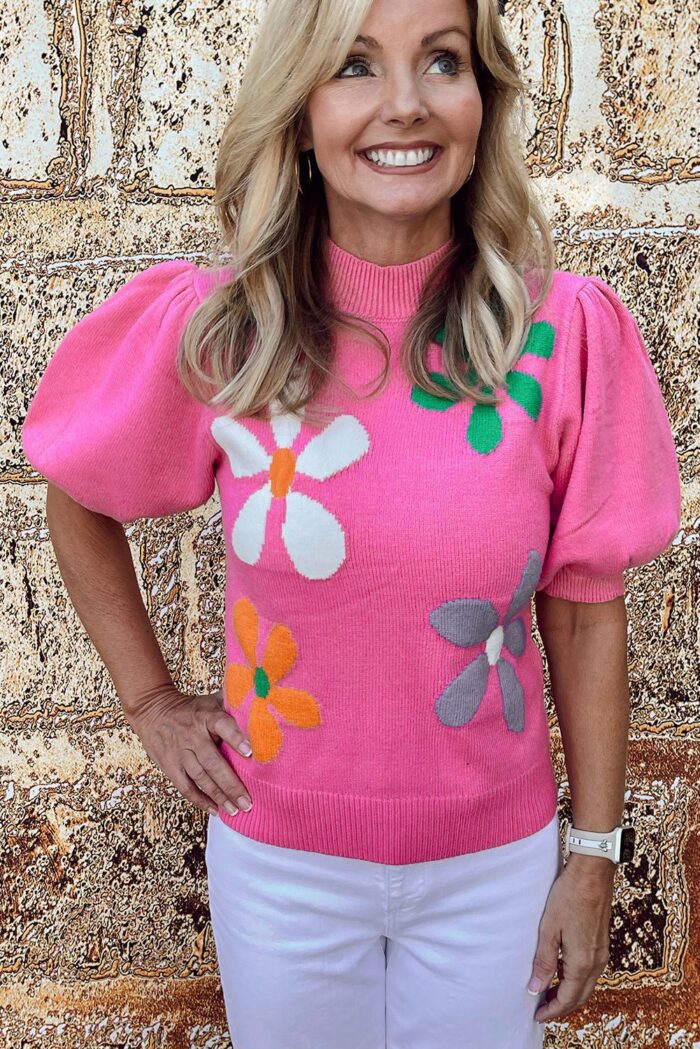 Bright Pink Floral Short Sleeve Sweater with Bubble Texture