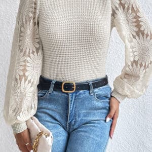 Sunflower Dreams- Beige Waffle Knit Top with Mesh Bubble Sleeves