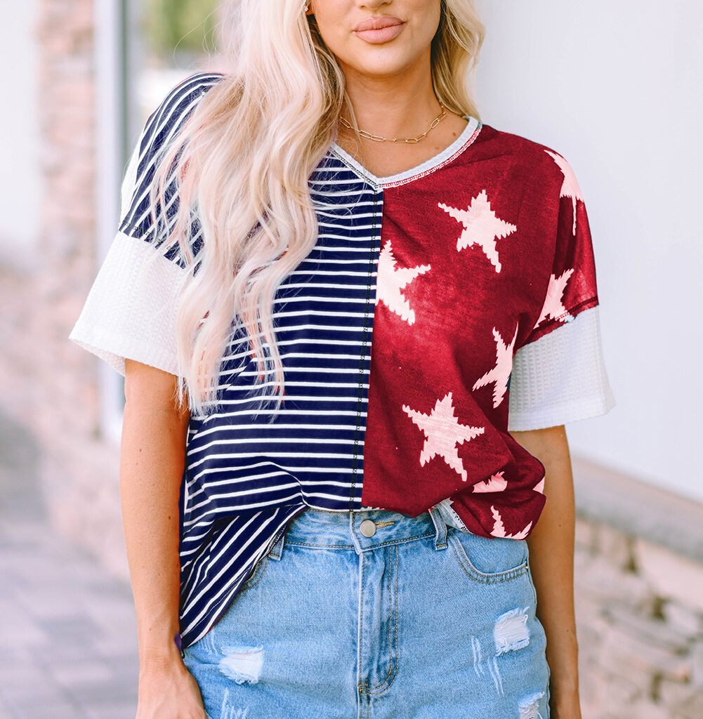 Blue Stripes and Stars Knit Short Sleeve Top - A Patriotic Delight