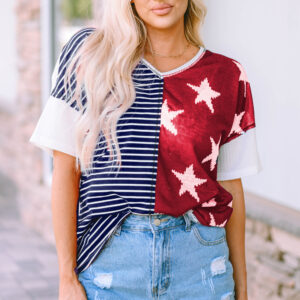 Blue Stripes and Stars Knit Short Sleeve Top - A Patriotic Delight