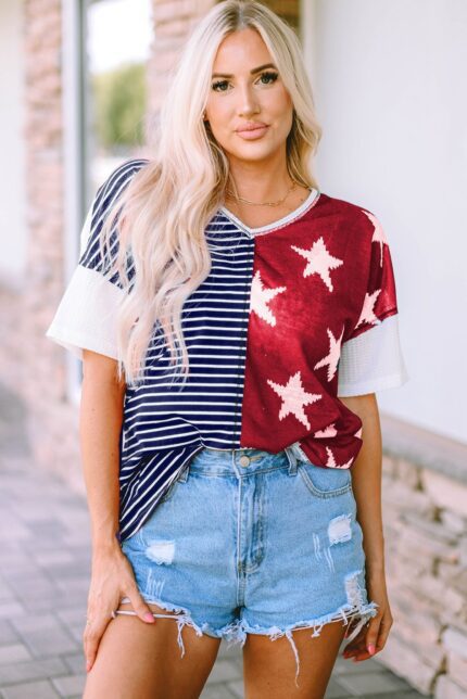 Blue Stripes and Stars Knit Short Sleeve Top - A Patriotic Delight