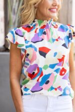 Vibrant Multicolor Smocked Blouse with Abstract Print and Ruffle Sleeves