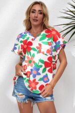 Blooming Elegance-V-Neck Blouse with Floral Chest Pocket