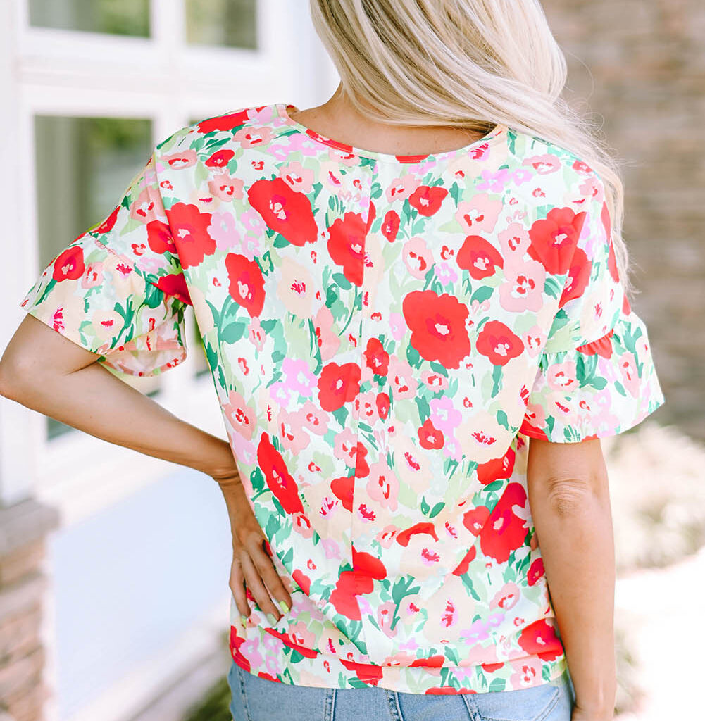 Passionate Petals- Fiery Red Floral V-Neck Blouse with Ruffled Sleeves