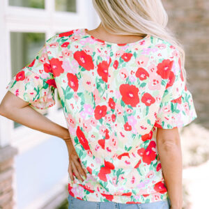 Passionate Petals- Fiery Red Floral V-Neck Blouse with Ruffled Sleeves