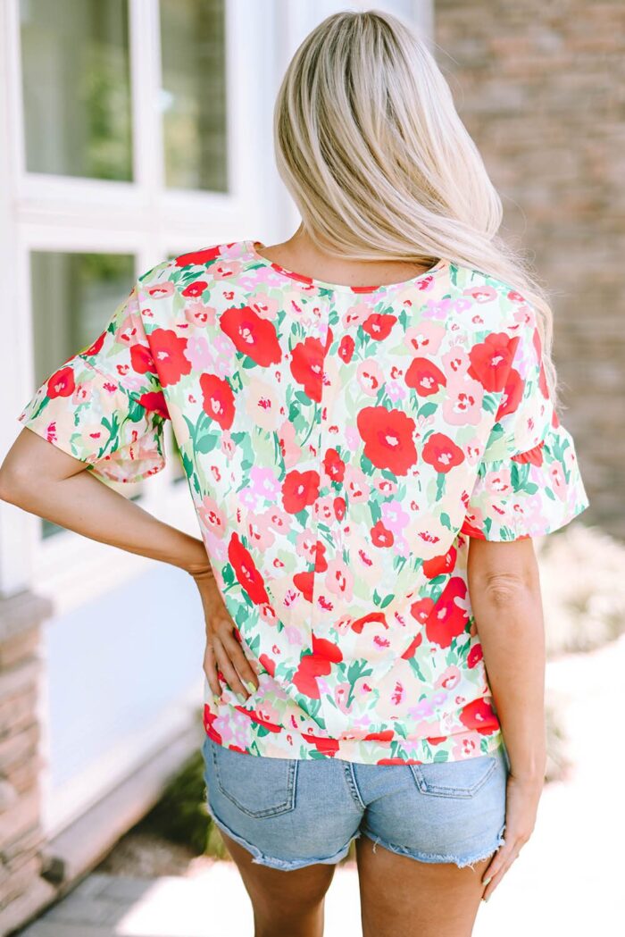 Passionate Petals- Fiery Red Floral V-Neck Blouse with Ruffled Sleeves