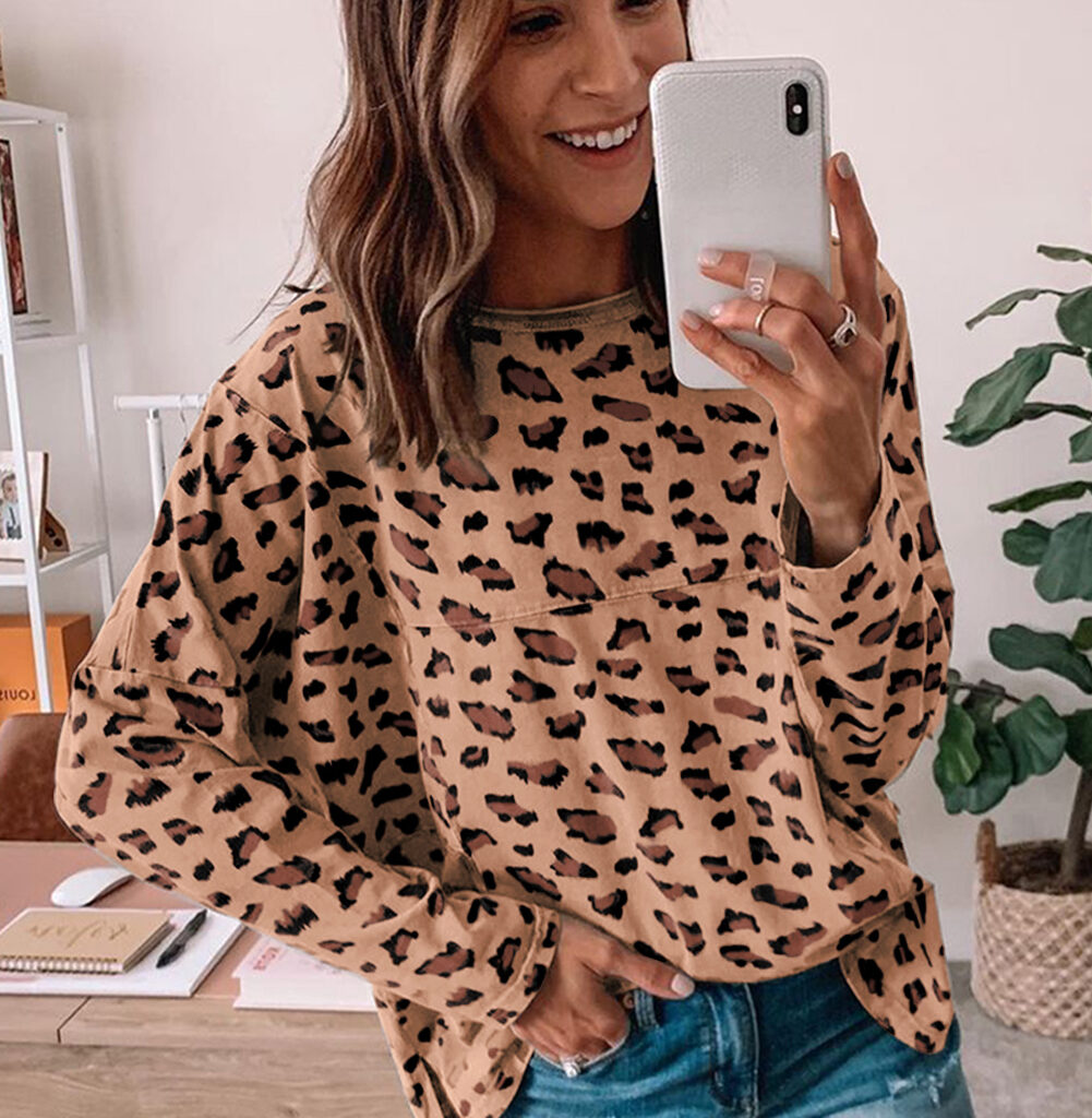 Brown Loose Long Sleeve Top with Stylish Animal Print Stitching