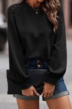 Black Textured Pullover with Delicate Lace Long Sleeves