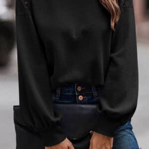 Black Textured Pullover with Delicate Lace Long Sleeves