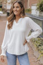 Elegant White Loose Blouse with Split Neck and Textured Design