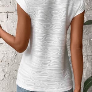 Wavy White Elegance-Textured Mock Neck Cap Sleeve Top