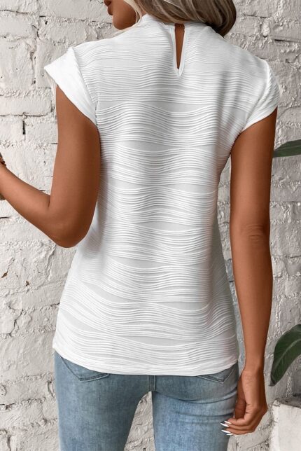 Wavy White Elegance-Textured Mock Neck Cap Sleeve Top