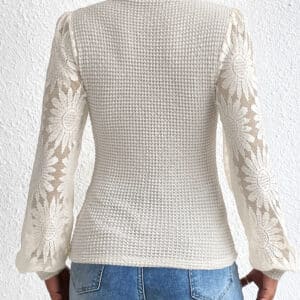 Sunflower Dreams- Beige Waffle Knit Top with Mesh Bubble Sleeves