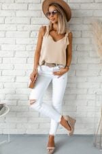 Sun-Kissed Elegance, Apricot V-Neck Vest with Shoulder Knot Detail