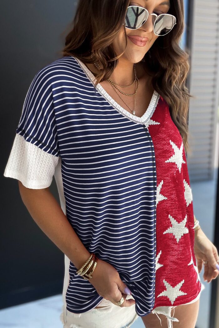 Blue Stripes and Stars Knit Short Sleeve Top - A Patriotic Delight