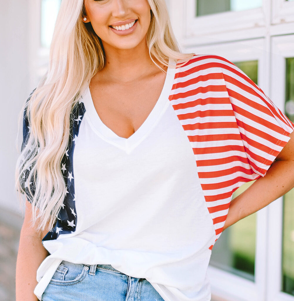 Classic White V-Neck Tee with US Stars and Stripes Design