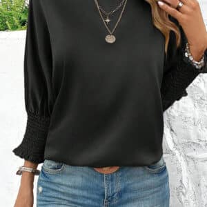 Elegant Midnight-Satin Dolman Sleeve Blouse with Shirred Details