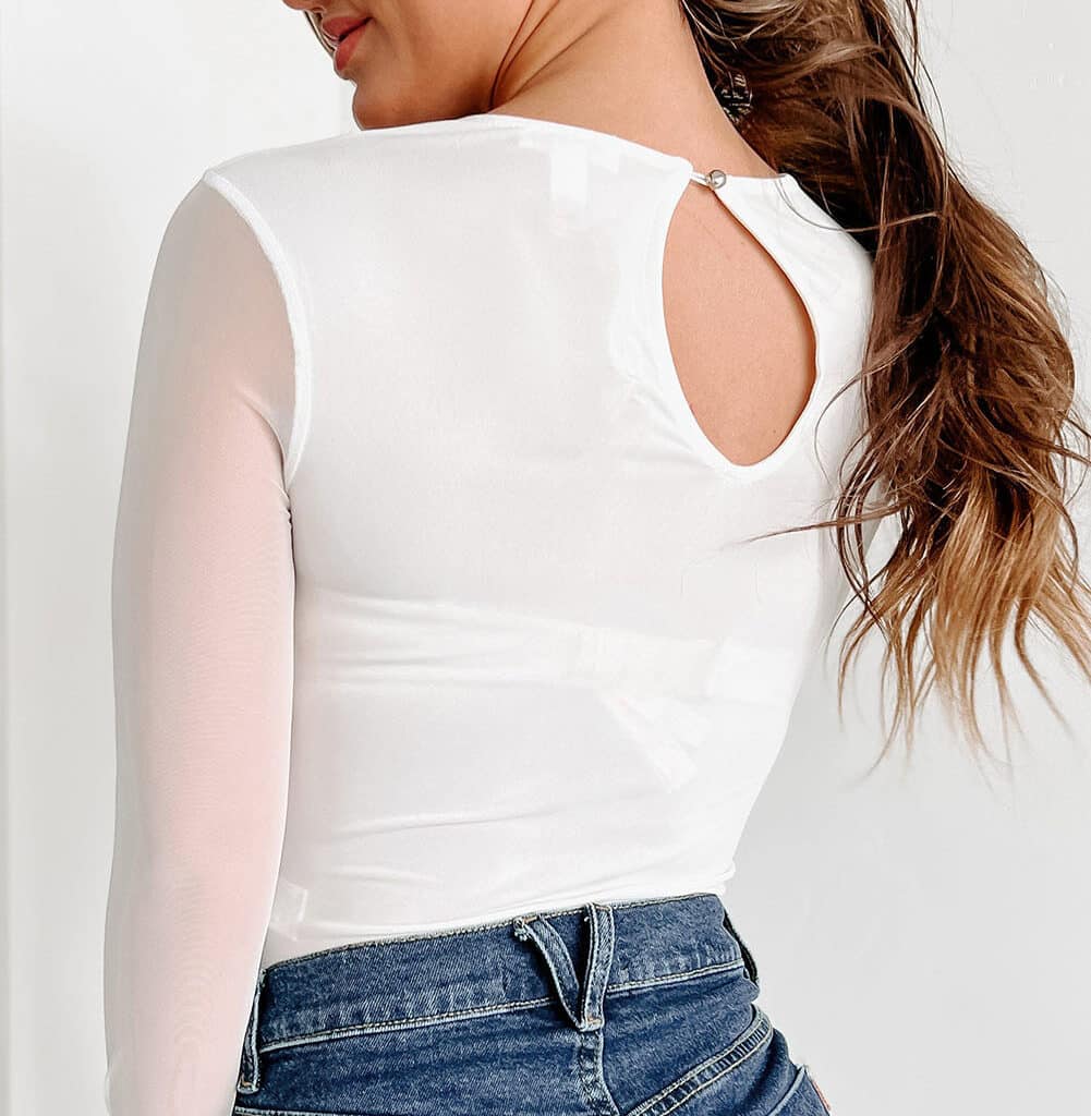 Chic Elegance-Long Sleeve Bodysuit with Mesh Splicing and Back Cutout