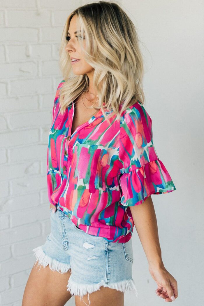 Rose Blouse with Abstract Brushwork Print and Buttoned V-Neck Detail