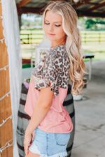 Wild Glamour-Pink Leopard Sequin Patchwork Short Sleeve Blouse