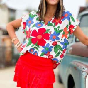 Blooming Elegance-V-Neck Blouse with Floral Chest Pocket