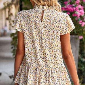 Beige Short Sleeve Blouse with Floral Frilled Collar and Ruffled Details