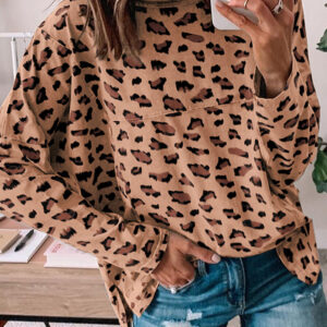 Brown Loose Long Sleeve Top with Stylish Animal Print Stitching