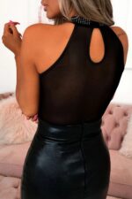 Sleek Black High Neck Sleeveless Bodysuit with Diamante Embellishments