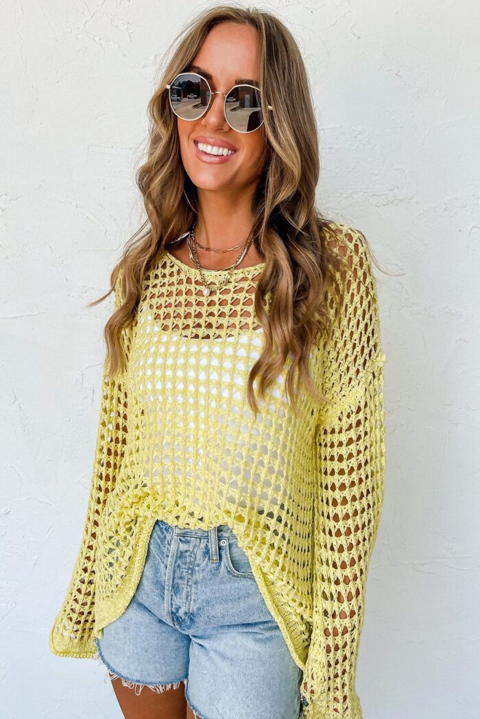 Sunny Yellow Bell Sleeve Tunic Sweater with Open Knit Crochet Detail